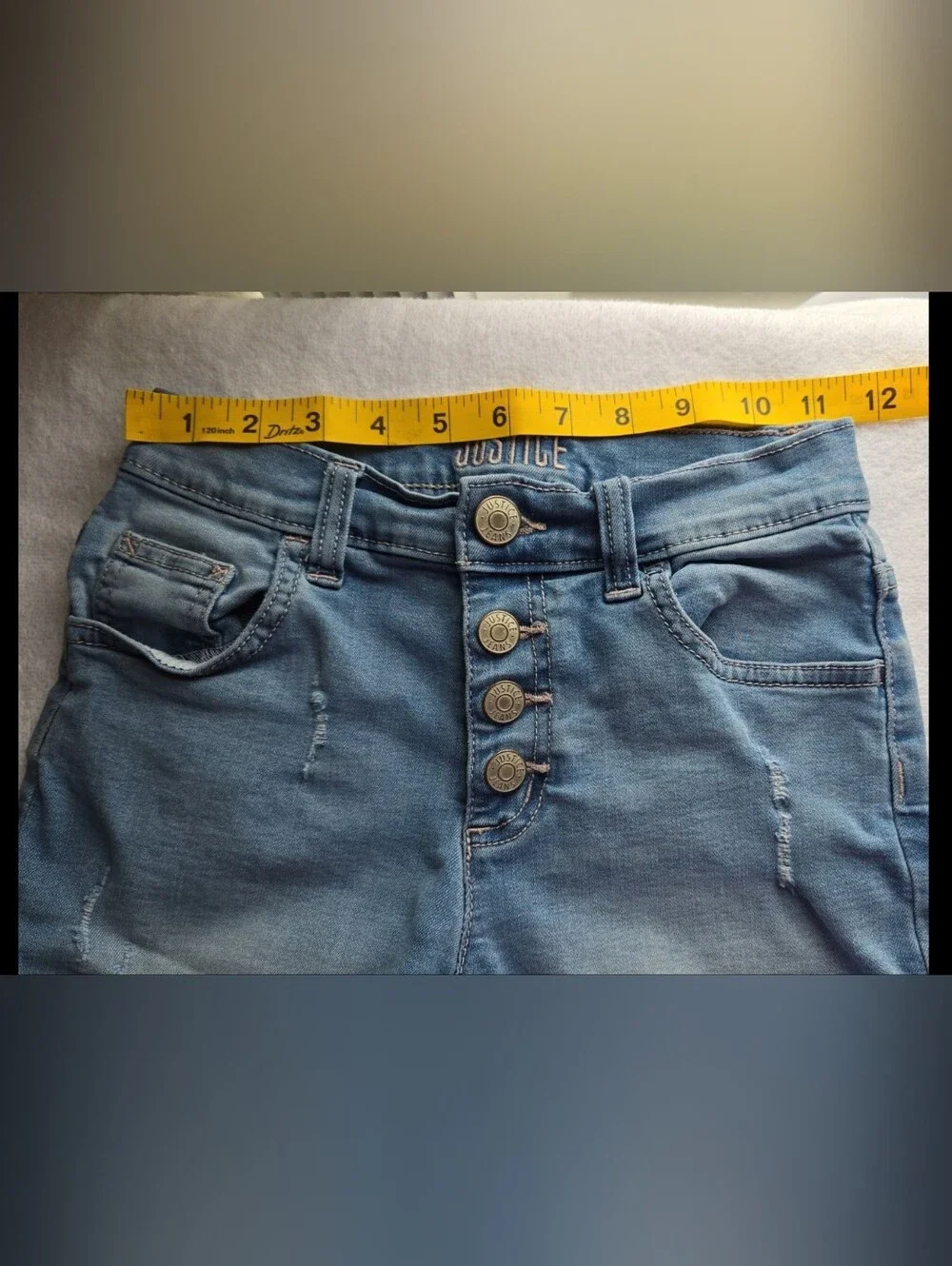 Justice Light Wash Distressed Jean Shorts High Waisted Button Fly Sz 12